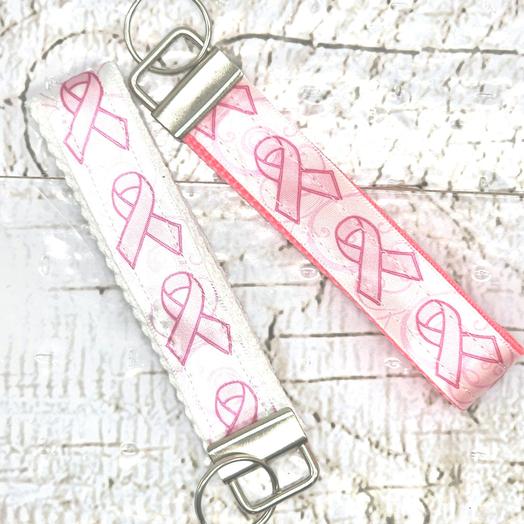 Breast Cancer Print Key Fob Wristlet// Cotton KeyChain//Ribbon key fob wristlet//Stubby keychaing//Stubby Fob